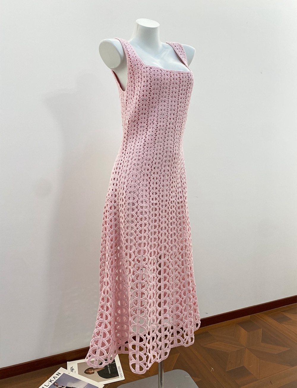 💖Maje Pink Crochet Sleeveless Midi Dress Square Neck Cutout Lace - Picture 6 of 9